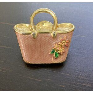 Avon Signed Vintage Gold Tone Pink Enameled Purse Lapel Hat Pit